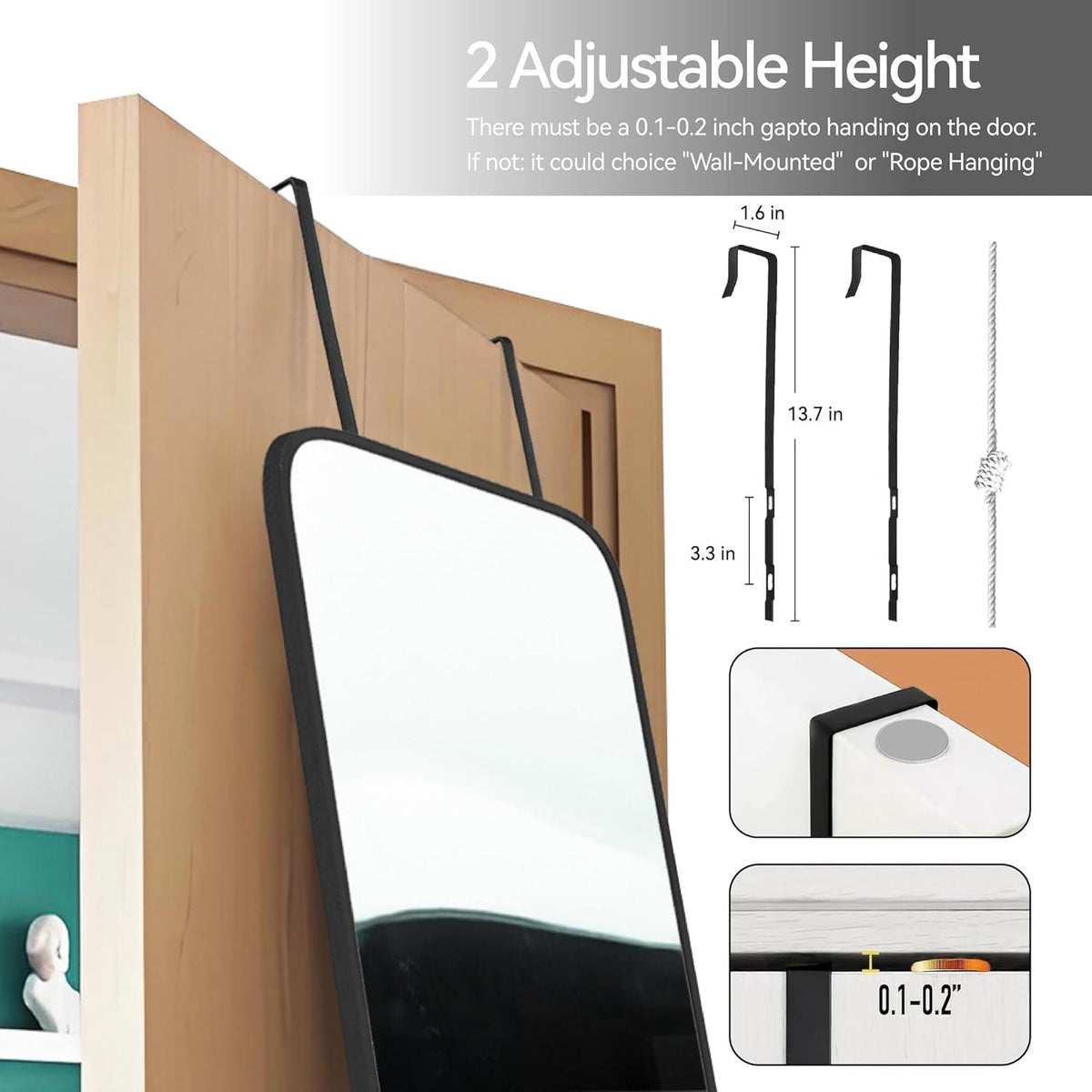 SCWF-GZ Full Length Mirror – Renter-Friendly Over-Door Mount, No Wall Damage for Apartments and Kids' Rooms
