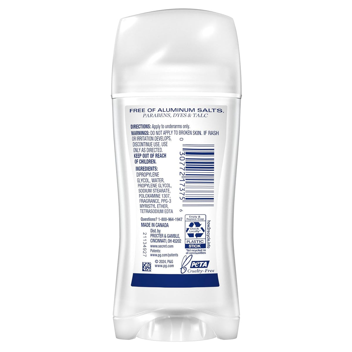 Secret Aluminum Free Clear Solid Deodorant – Capsule Bathroom Pick, 48hr Protection in One Stick, 2.4 oz