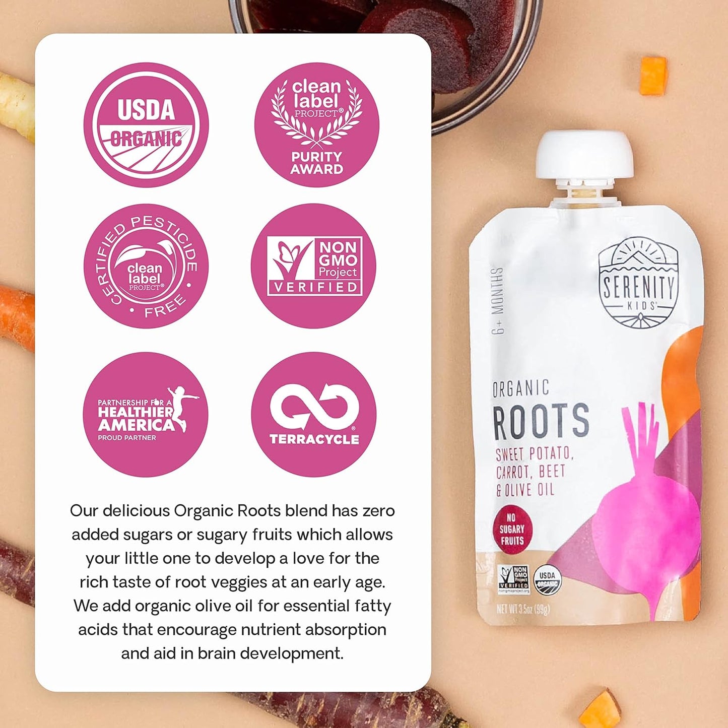 Serenity Kids Organic Veggie Baby Pouches – Clean Label Purity Award Tested for Heavy Metals and Toxins, 3.5 oz BPA-Free