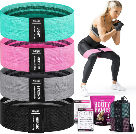 set of 4 fabric resistance bands spanning 14-60 lb tension (light 14-25 lb, medium 25-35 lb, strong 25-45 lb, heroic 45-60 lb)