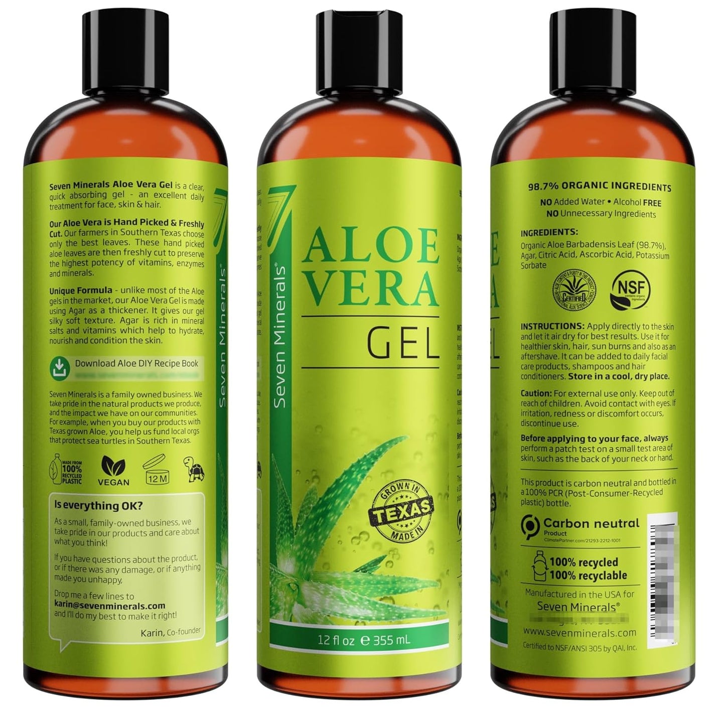 Seven Minerals Organic Aloe Vera Gel – One Bottle Multi-Use Replacement for Face, Body, Hair, and First Aid Clutter
