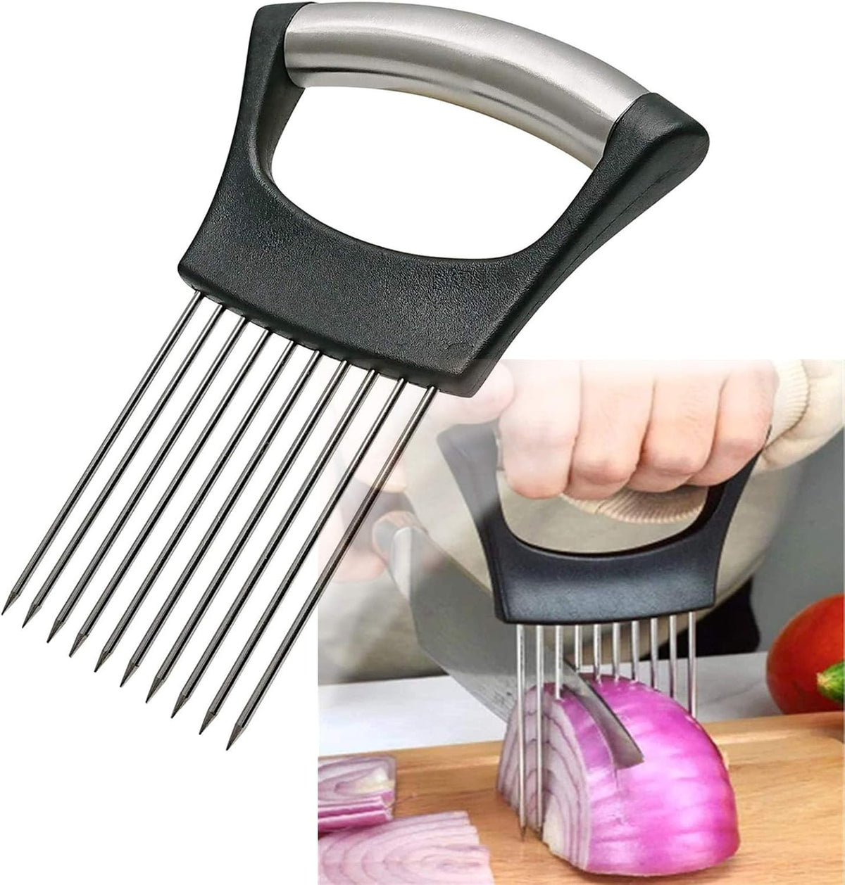 sharp stainless steel fork tines that pierce and lock vegetables in place
