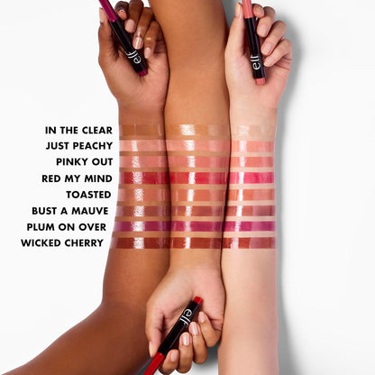 sheer-to-light color payoff in 8 shade options including clear, mauve, cherry, plum, and red