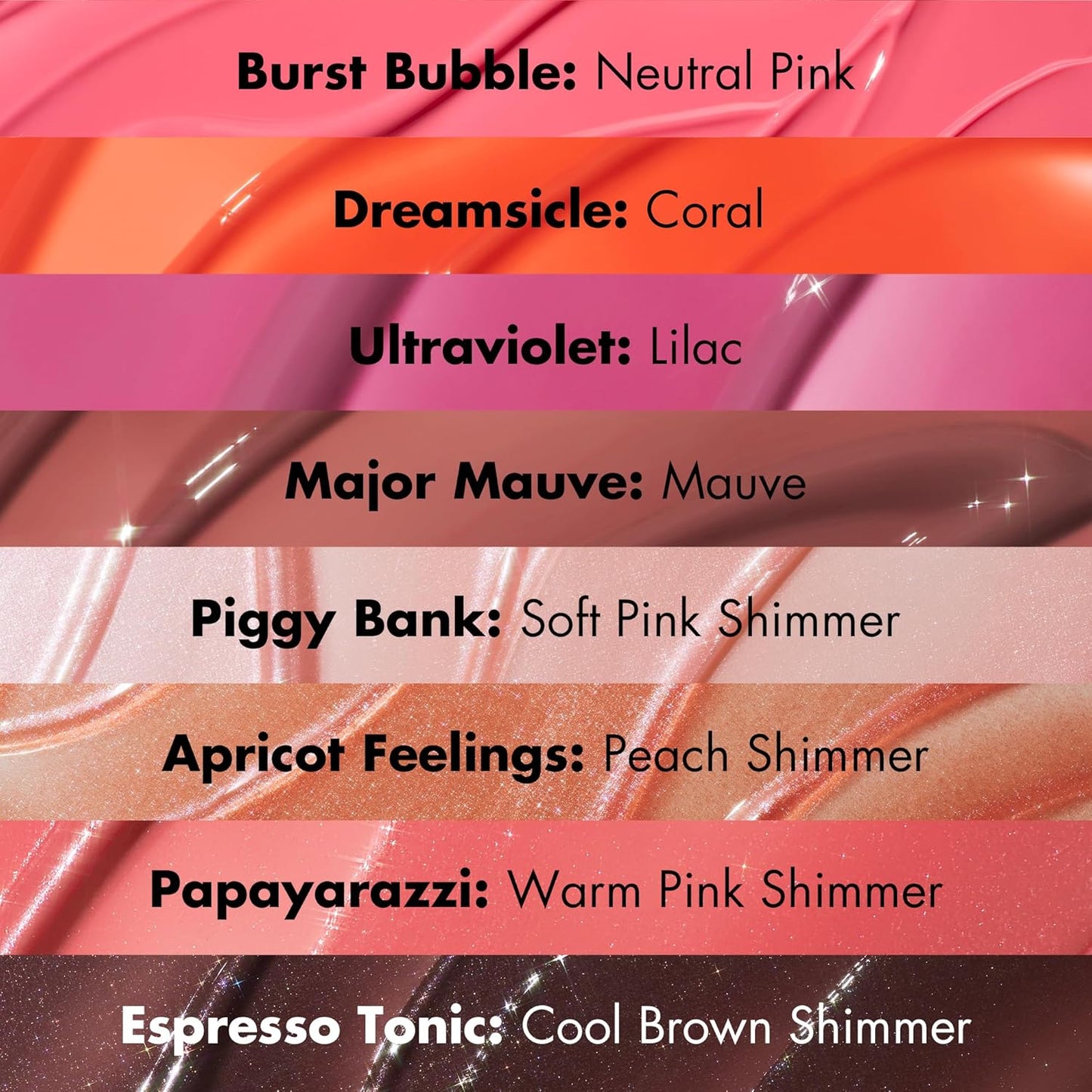 sheer-to-medium liquid coverage in glossy and glimmer finishes, suitable for all skin tones