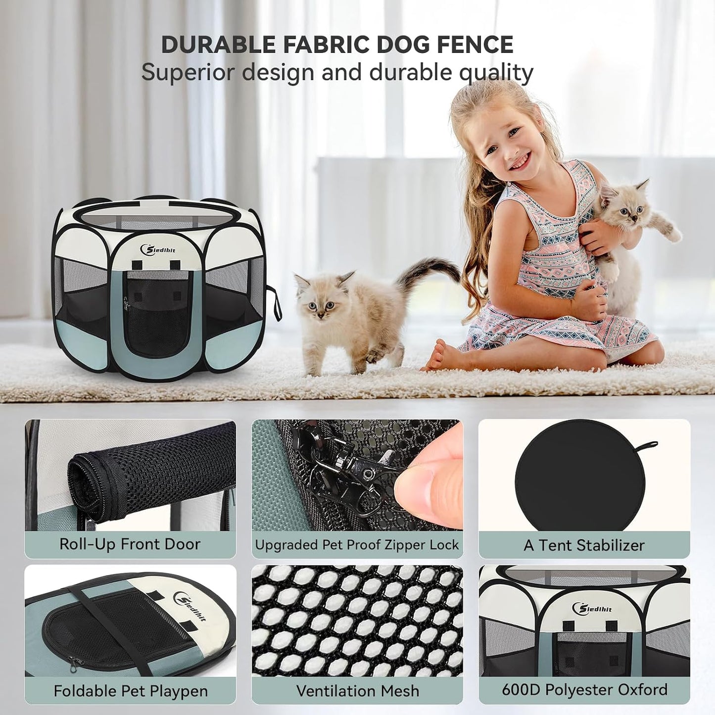 Siedihit Pop-Up Pet Playpen – Family-Safe Indoor Enclosure for Homes With Kids and Pets, Breathable Mesh Tent With Lockable Zipper