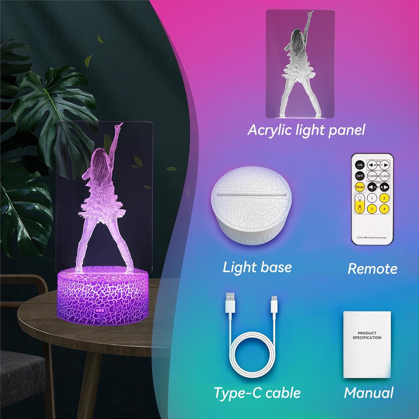 Singer Fan LED Bedside Lamp – Thoughtful Christmas Gift Idea for Tween and Teen Girls, Dimmable with Timer