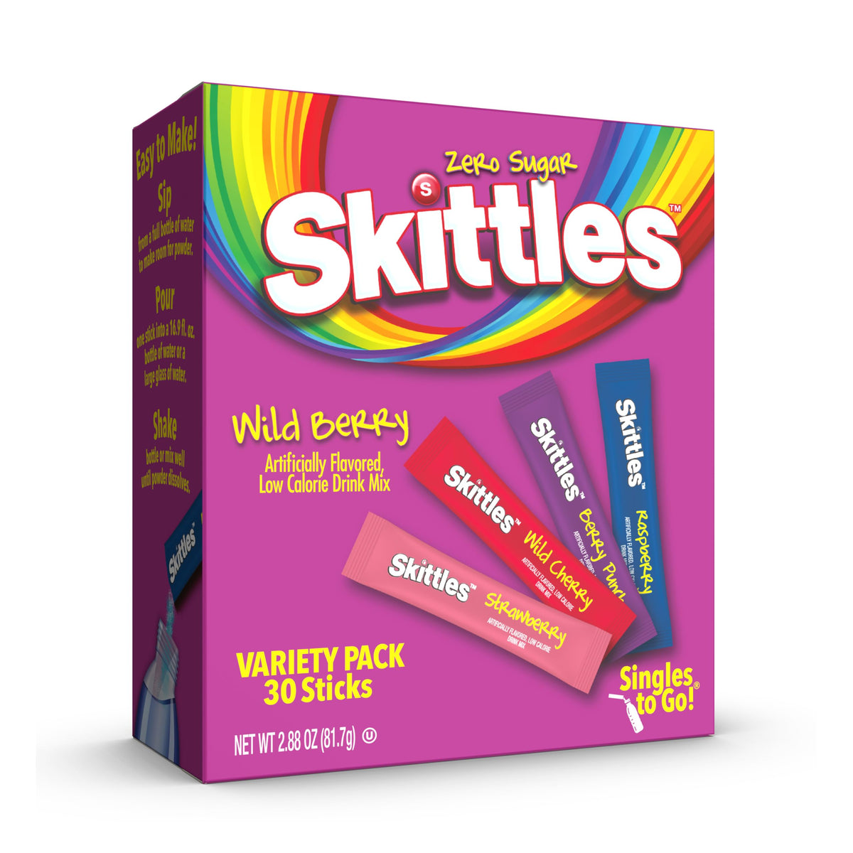 SINGLES TO GO! Skittles Zero Sugar Drink Mix – Family Variety Pack of Powdered Water Flavor Sticks for Picky Drinkers, 60 Sticks