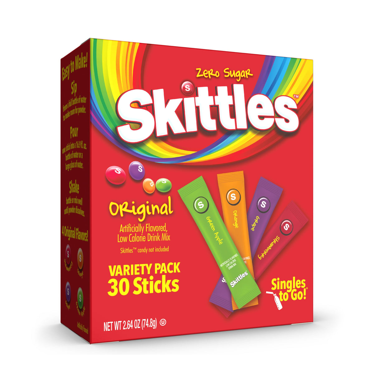 SINGLES TO GO! Skittles Zero Sugar Drink Mix – Family Variety Pack of Powdered Water Flavor Sticks for Picky Drinkers, 60 Sticks
