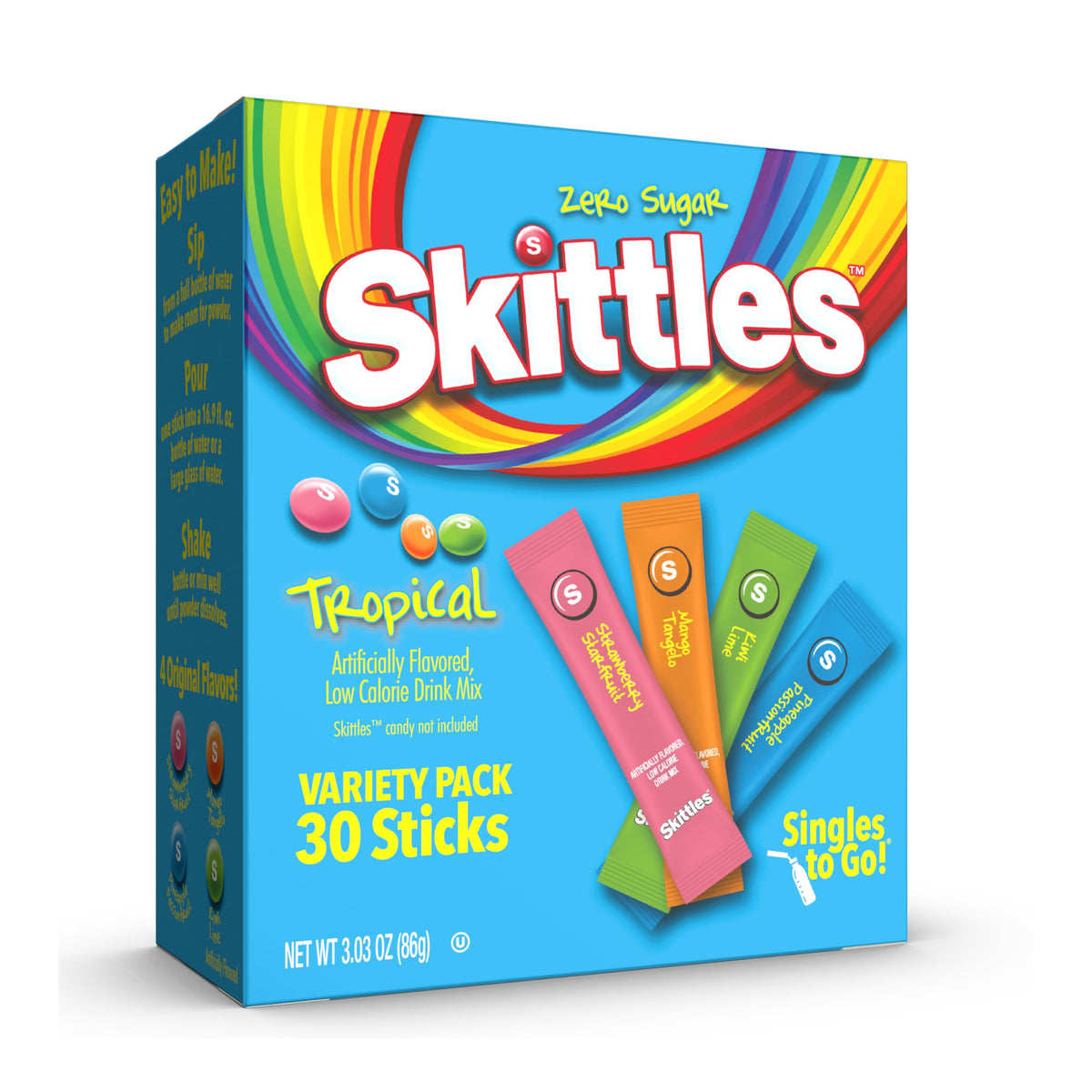 SINGLES TO GO! Skittles Zero Sugar Drink Mix – Family Variety Pack of Powdered Water Flavor Sticks for Picky Drinkers, 60 Sticks