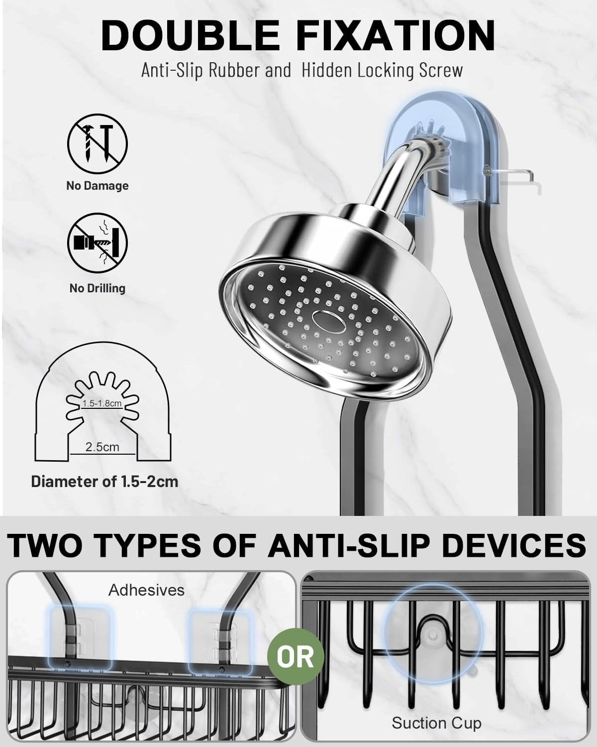 six hooks for razors, sponges, towels, and baby shower brushes