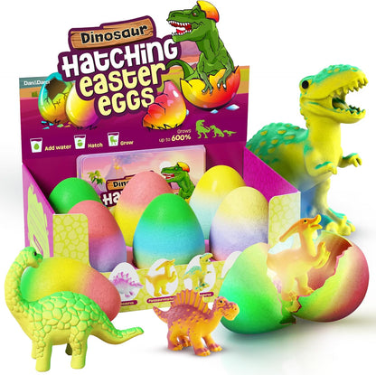 six individually colored hatching eggs, each containing one of six unique dinosaur species (t-rex, spinosaurus, stegosaurus, parasaurolophus, triceratops, diplodocus)