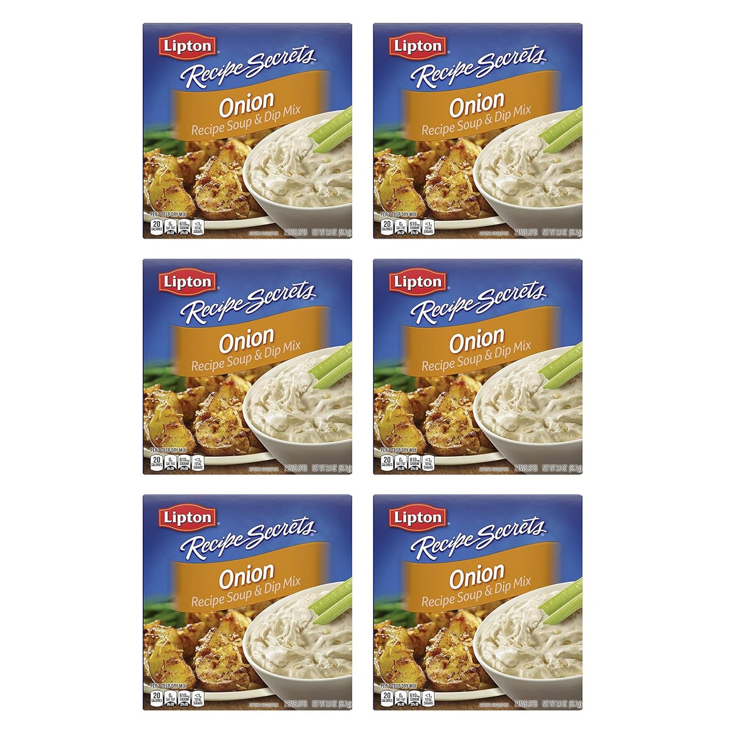 six individually portioned 2 oz envelopes of dry onion soup and dip mix