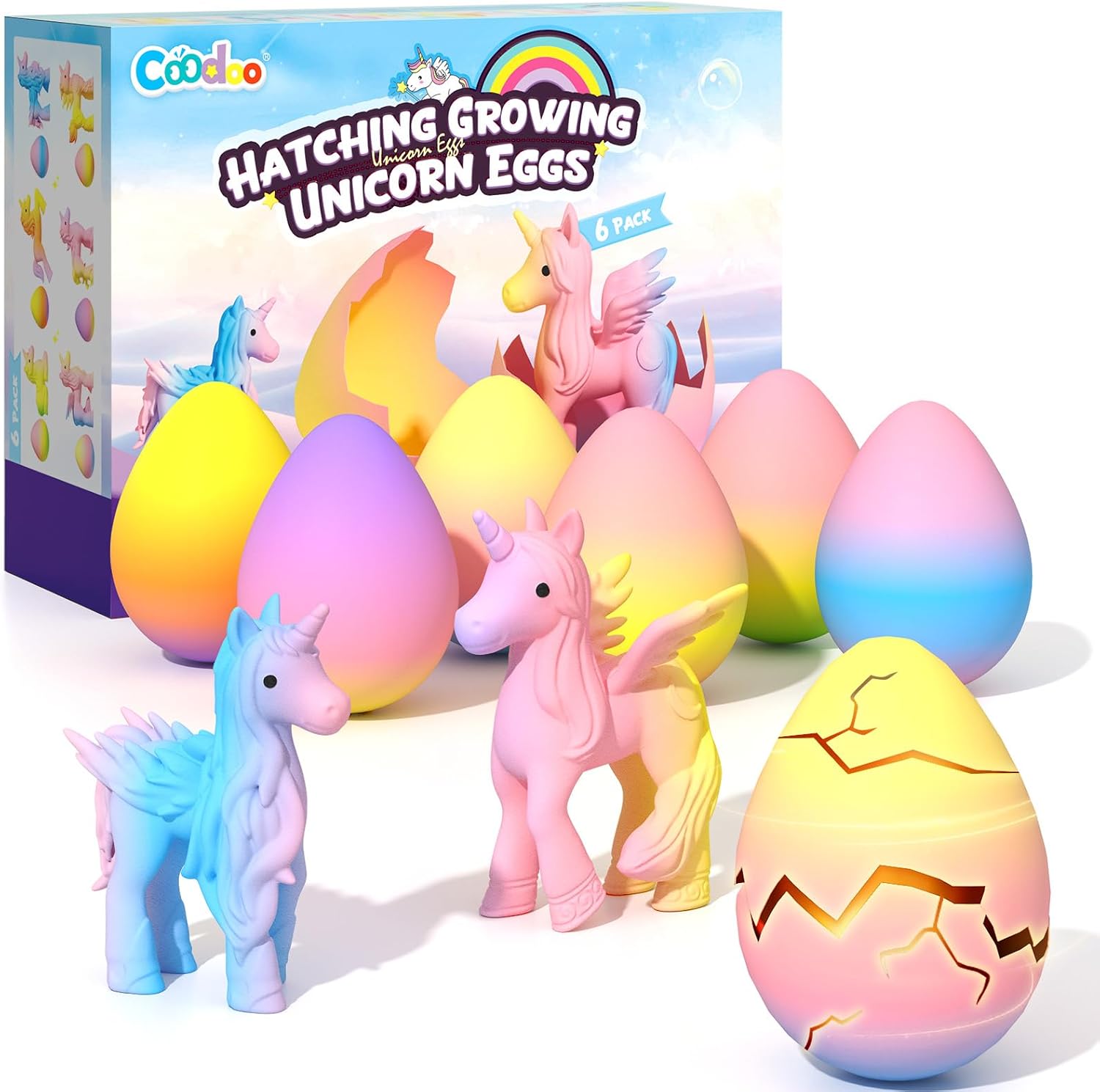 six individually sealed hatching rainbow eggs in assorted colors