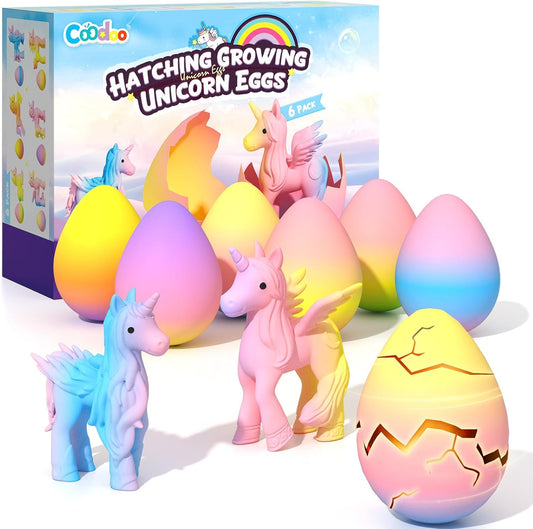 six individually sealed hatching rainbow eggs in assorted colors