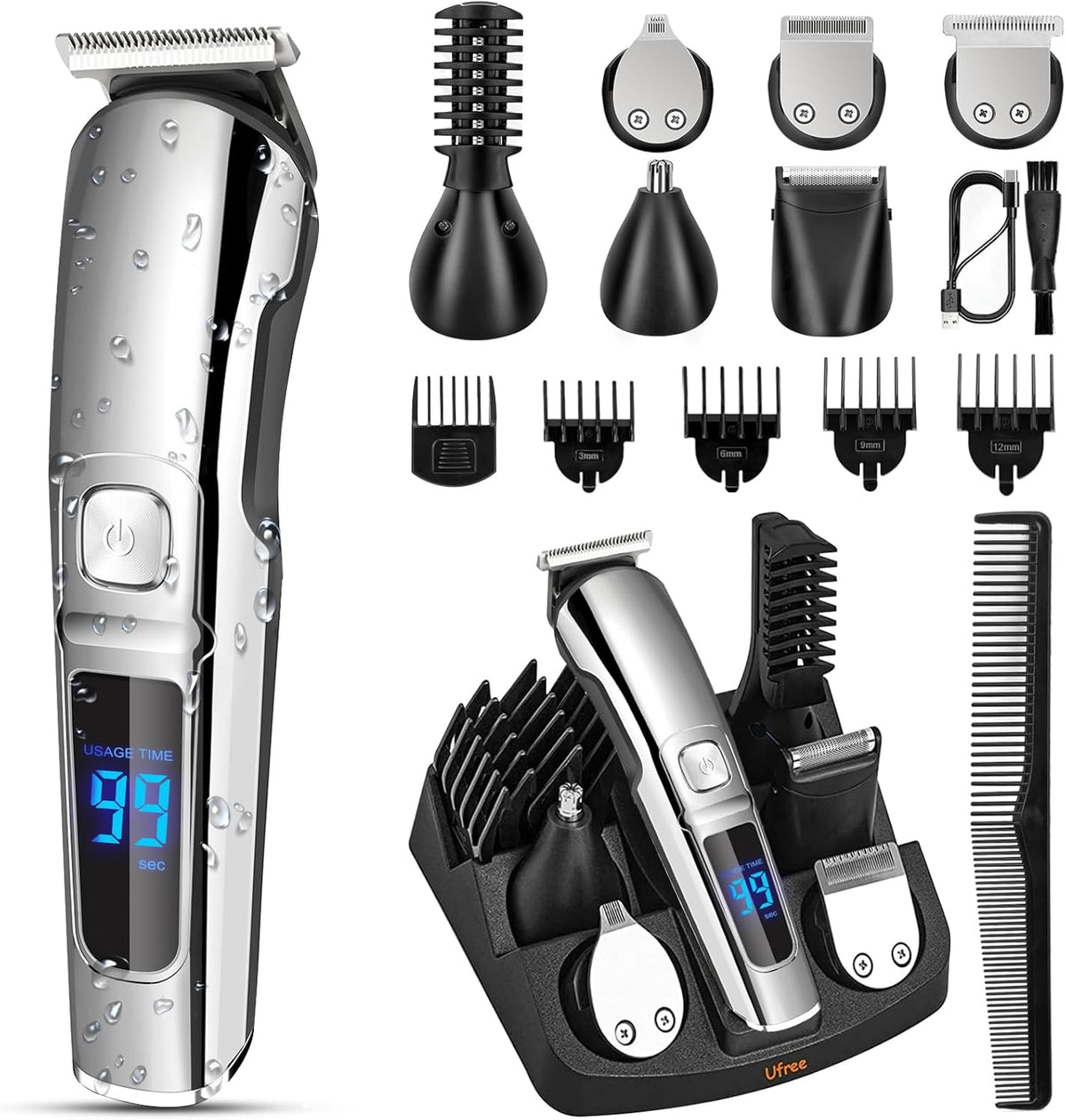 six interchangeable heads (beard trimmer, hair clipper, body groomer, foil shaver, nose/ear trimmer, design detail head)