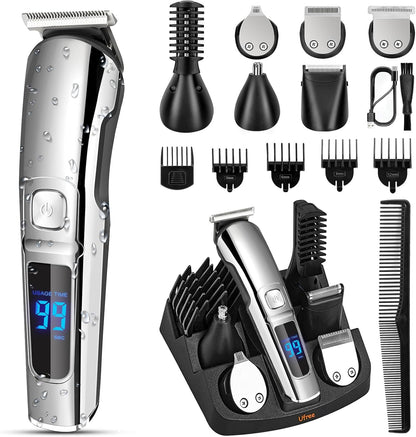 six interchangeable heads (beard trimmer, hair clipper, body groomer, foil shaver, nose/ear trimmer, design detail head)
