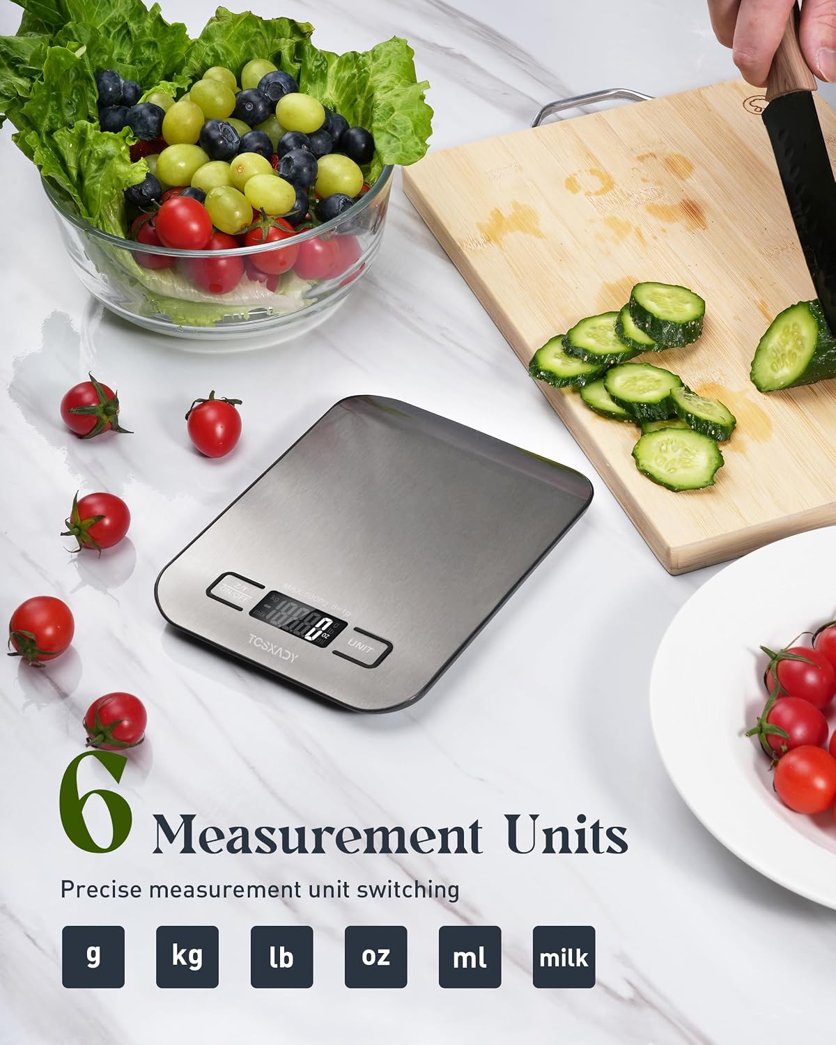 six measurement units: g, kg, lb, oz, ml, and milk ml