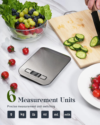 six measurement units: g, kg, lb, oz, ml, and milk ml