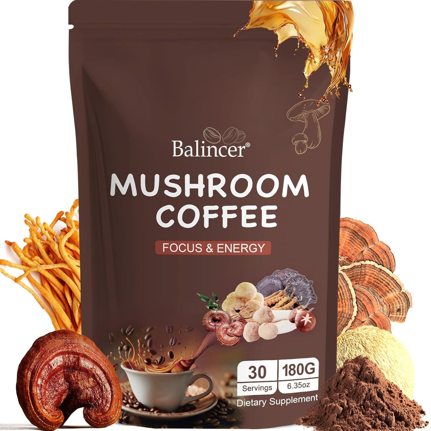 six-mushroom blend: lion's mane, cordyceps, turkey tail, reishi, shiitake, king trumpet