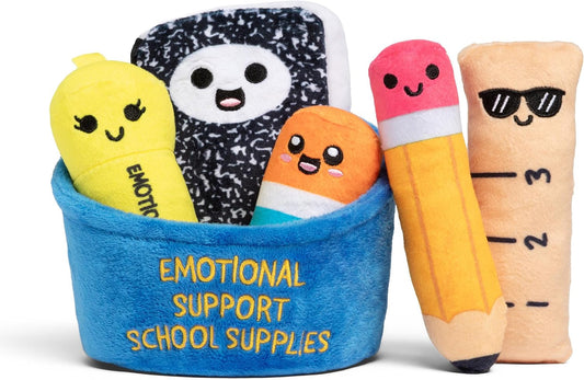 six-piece set: five school-supply character plushes (pencil, ruler, highlighter, glue stick, notebook) plus a coordinating plush basket