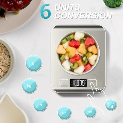 six unit conversions: g, kg, lb, oz, ml, and milk ml