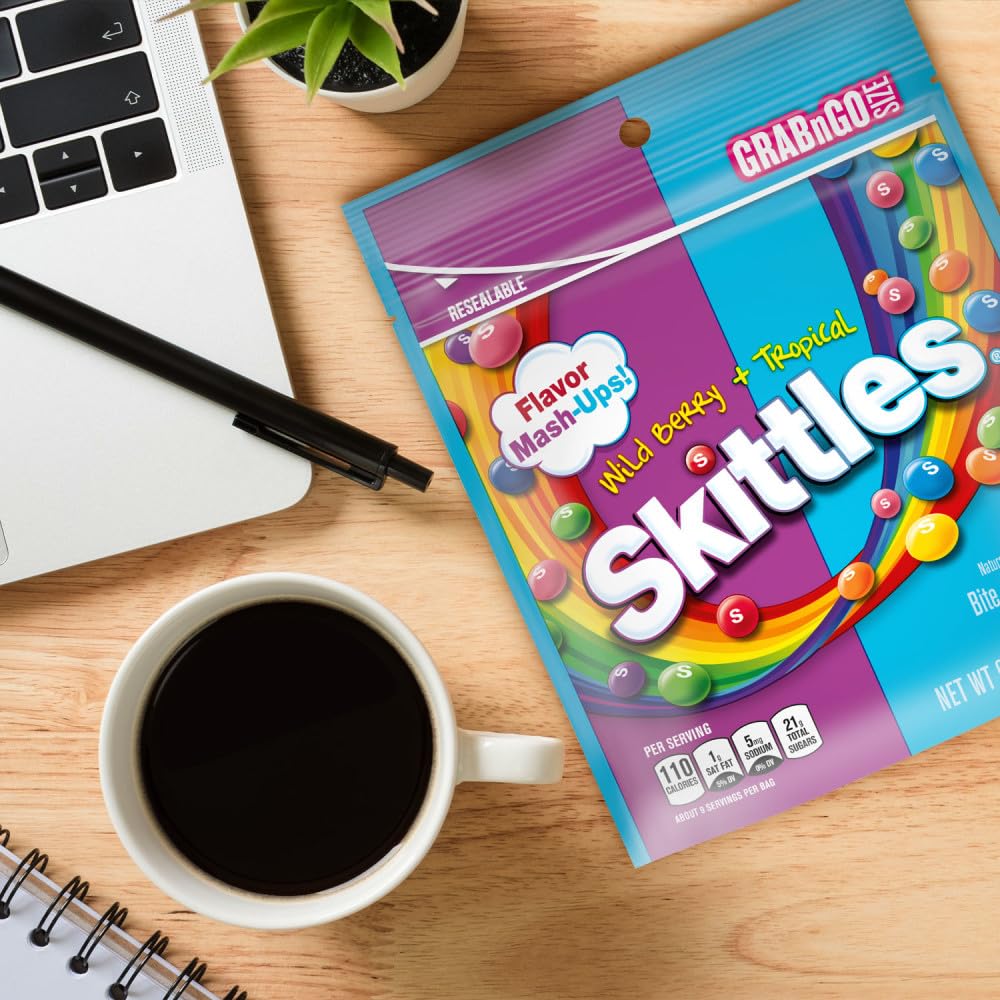 SKITTLES Mash-Ups Wild Berry and Tropical Candy, 9-Ounce Office Desk and Break Room Snack Pouch for Midday Energy