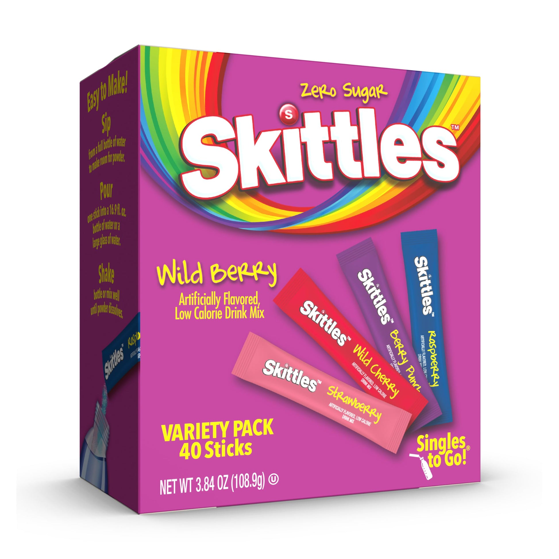 Skittles Singles To Go Powdered Drink Mix – Kids Lunchbox Hydration for School Cafeteria, Zero Sugar Single-Serve Water Flavoring Sticks
