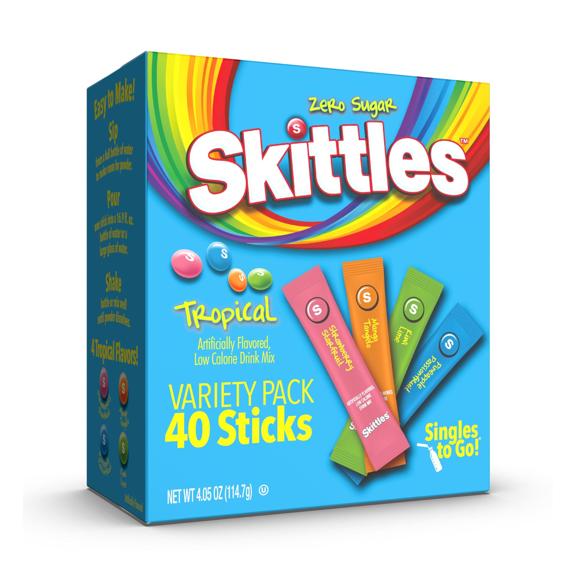 Skittles Singles To Go Powdered Drink Mix – Kids Lunchbox Hydration for School Cafeteria, Zero Sugar Single-Serve Water Flavoring Sticks
