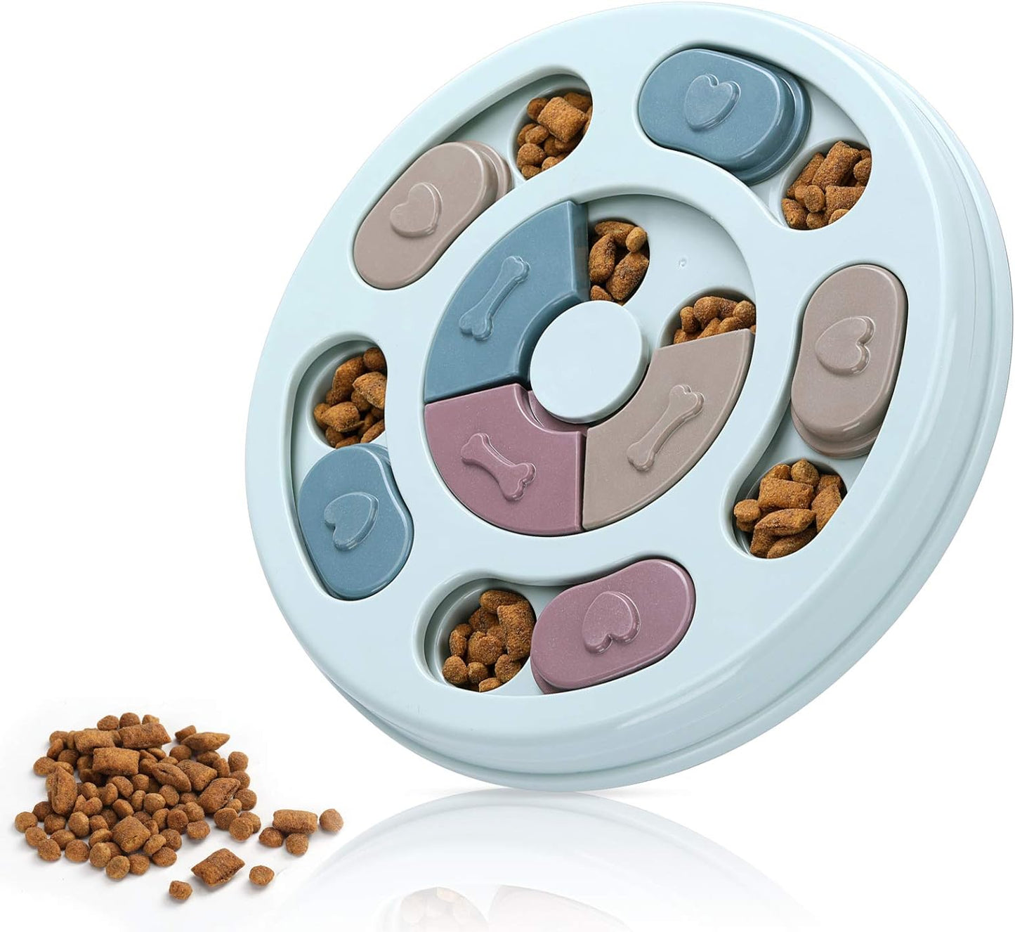 sliding-block puzzle mechanism that releases treats/kibble as the pet pushes parts with nose or paw
