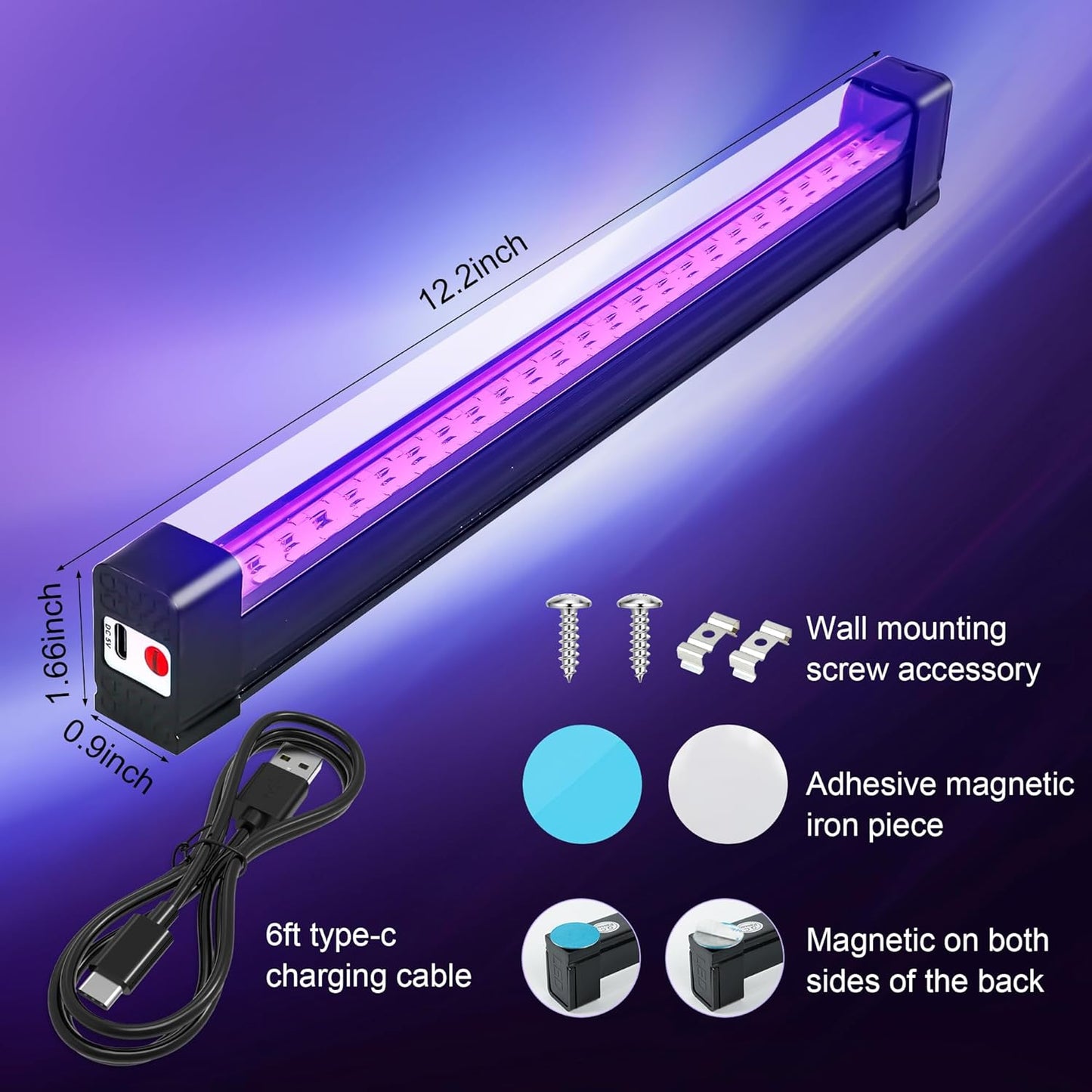 Slim Rechargeable UV Light Bar 1ft, Clean Cordless Design for Clutter Free Bedroom Lighting