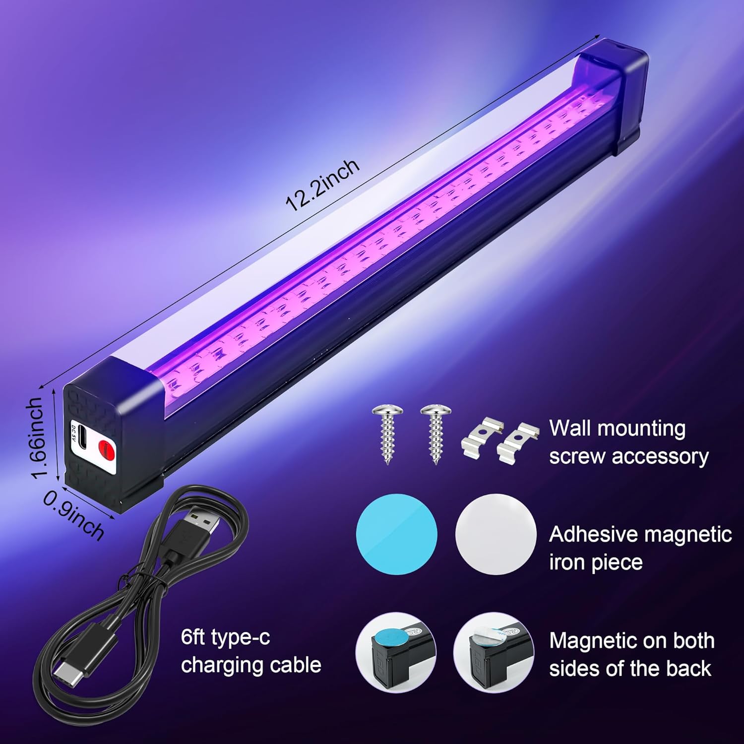 Slim Rechargeable UV Light Bar 1ft, Clean Cordless Design for Clutter Free Bedroom Lighting