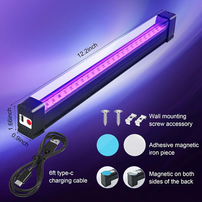 Slim Rechargeable UV Light Bar 1ft, Clean Cordless Design for Clutter Free Bedroom Lighting