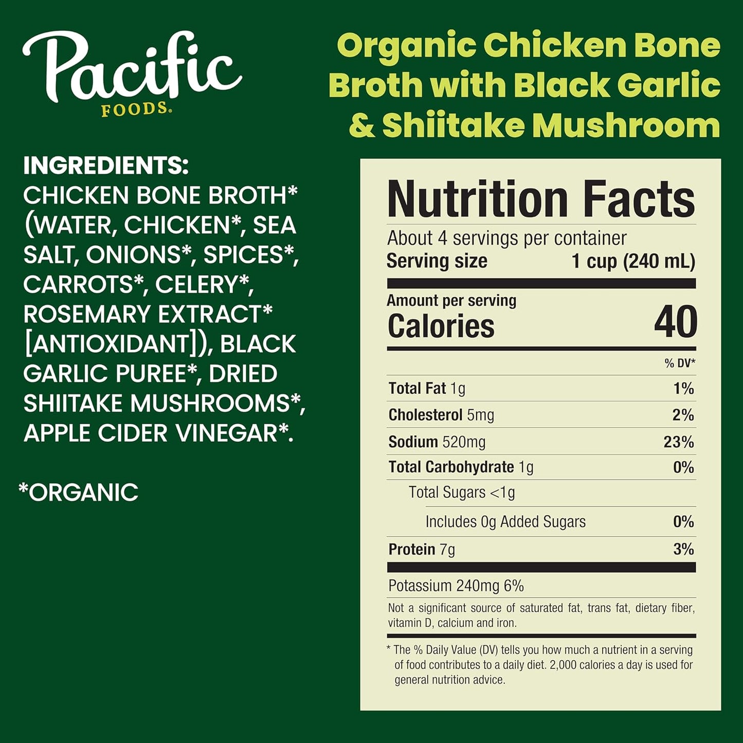 slow-simmered organic chicken bones with vegetables, herbs and apple cider vinegar for nutrient extraction