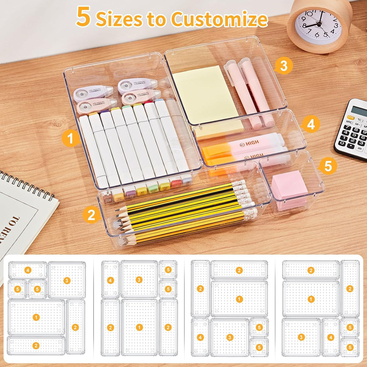 SMARTAKE 13-Piece Drawer Organizers with Non-Slip Silicone Pads, 5-Size Spa-Inspired Trays for Bathroom Vanity and Aromatherapy Storage