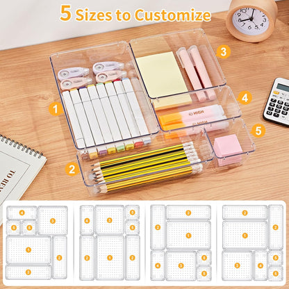 SMARTAKE 13-Piece Drawer Organizers with Non-Slip Silicone Pads, 5-Size Spa-Inspired Trays for Bathroom Vanity and Aromatherapy Storage
