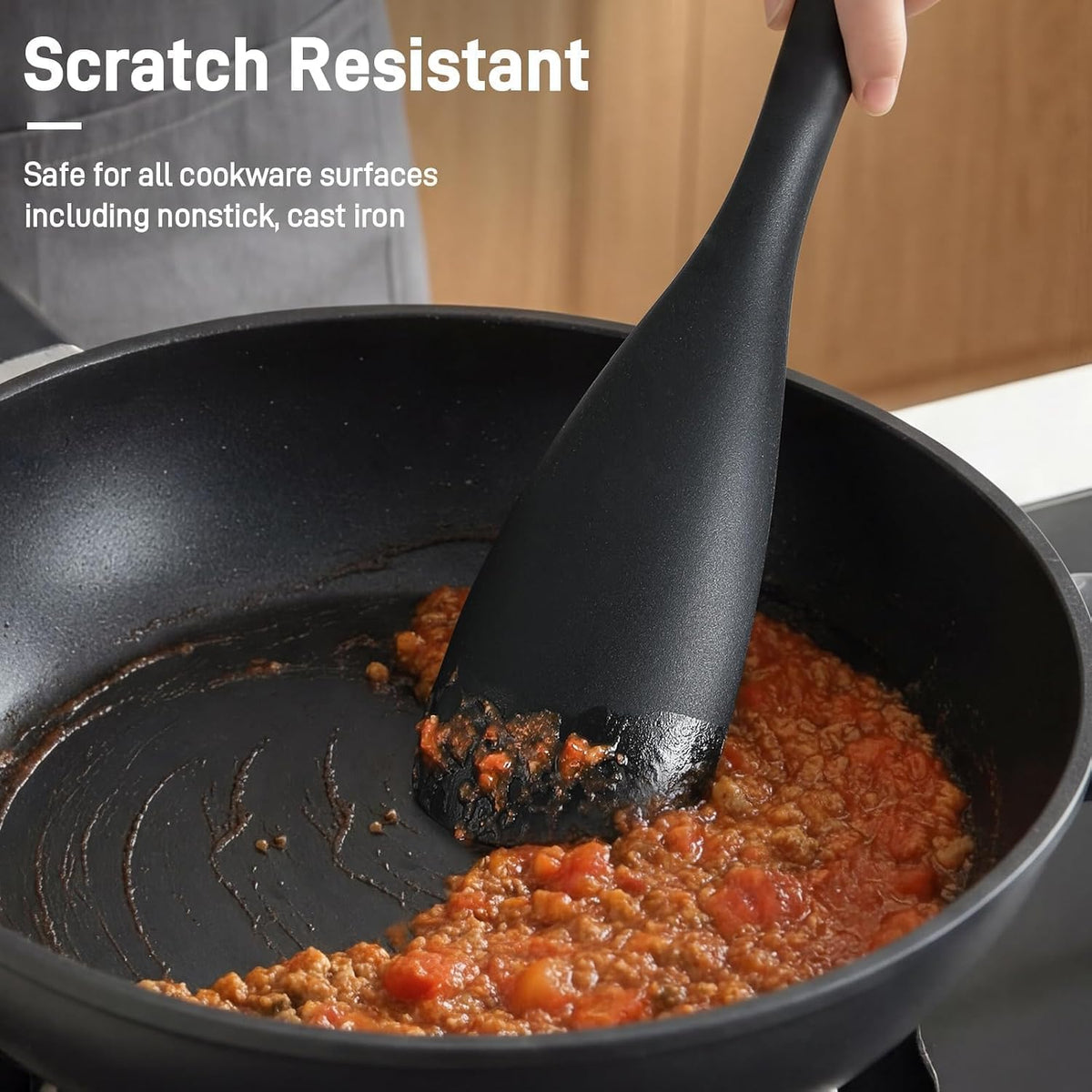 smooth beveled flexible head safe for nonstick, ceramic, cast iron, and coated cookware
