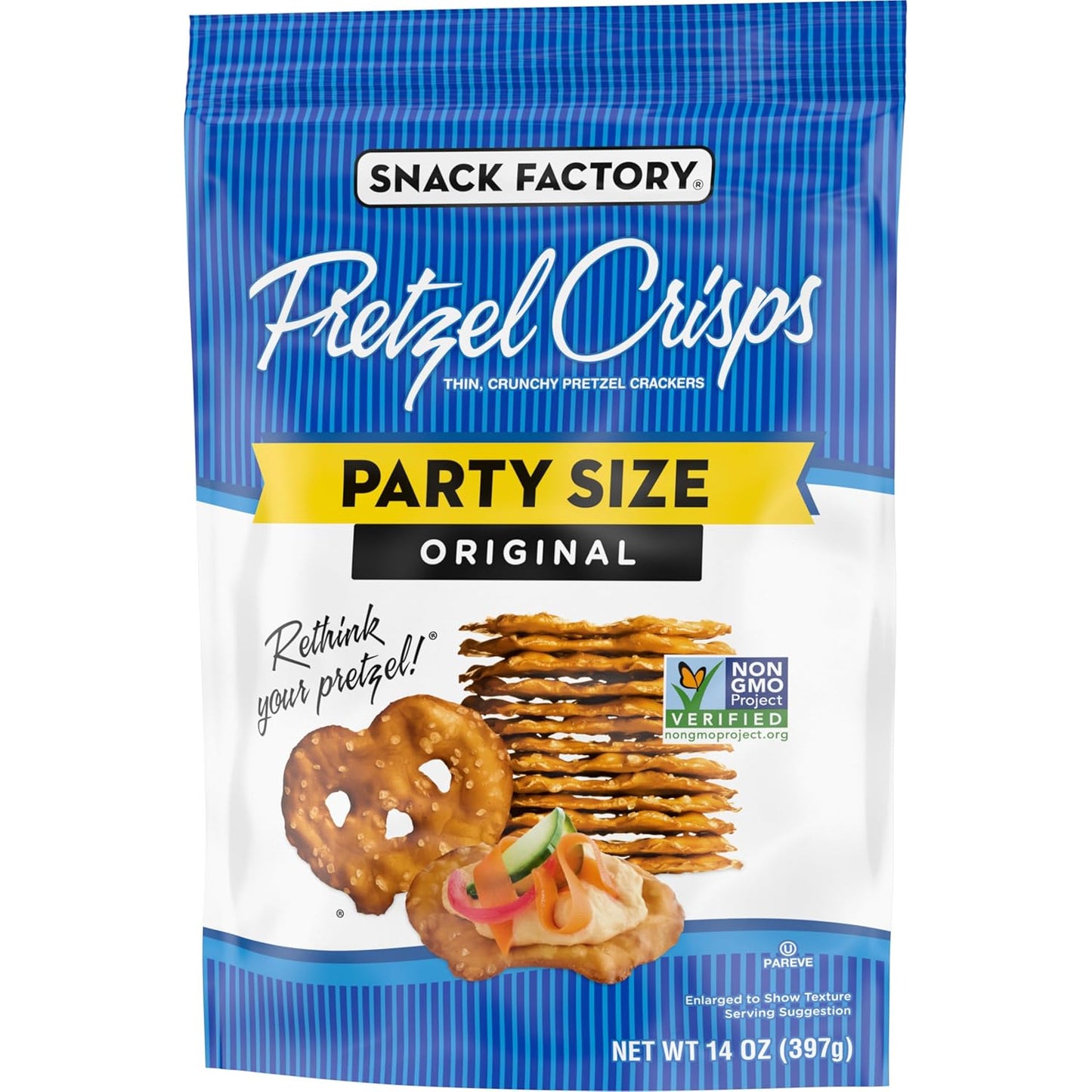 Snack Factory Pretzel Crisps Original Non-GMO 14 oz Party Size Bag for Hostess Gifts and Holiday Hosting
