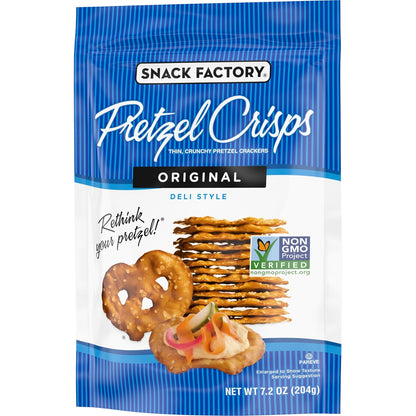Snack Factory Pretzel Crisps – Portable Crunchy Snack for Picnics, Camping, and Backyard Patio Parties, 7.2 oz Resealable Bag