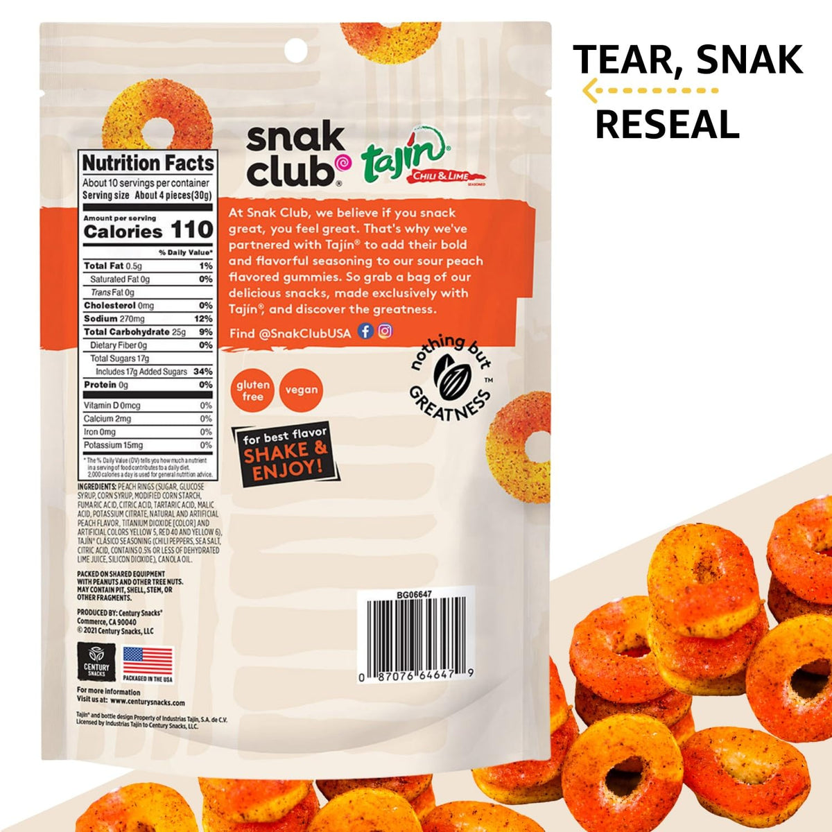 Snak Club Tajin Apple Rings Gummy Candy – After-School Snack for Kids, Mild Chili-Lime Gummies in Resealable Pouch, 11 oz