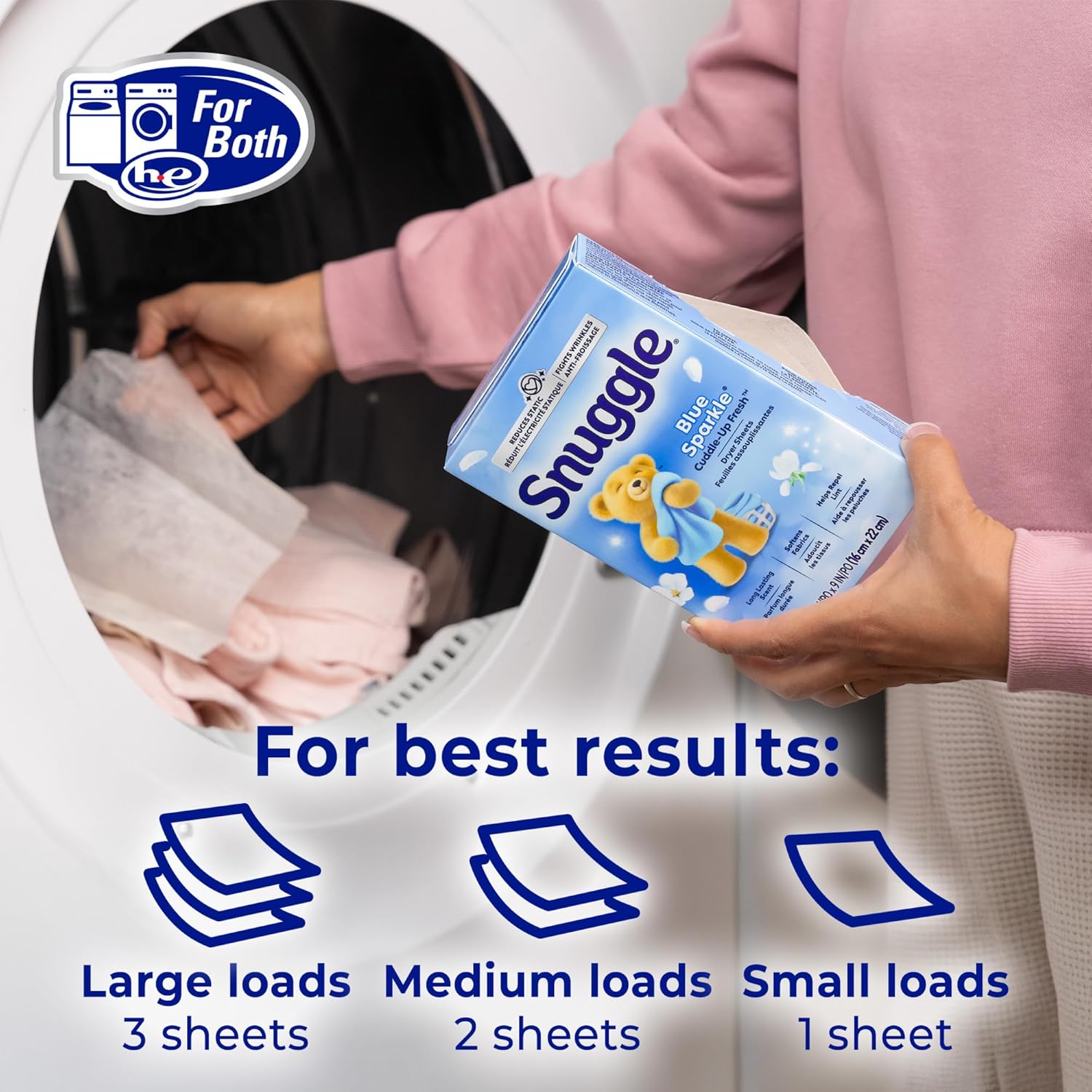 Snuggle Fabric Softener Dryer Sheets, Blue Sparkle Cuddle-Up Fresh, 230 Ct, On-the-Go Odor Eliminator for Camping Gear and Duffel Bags