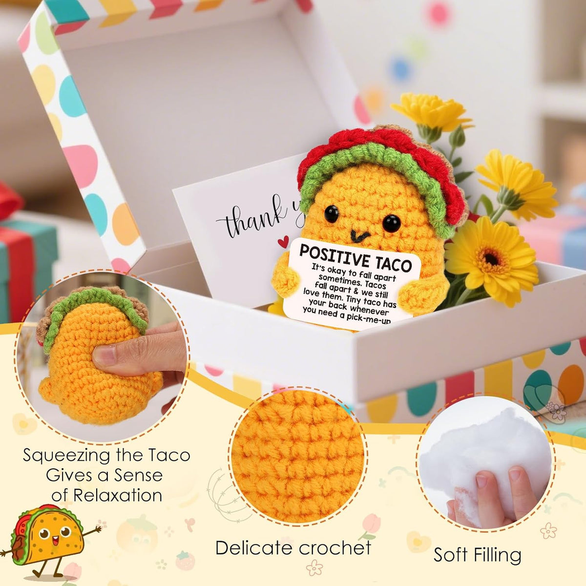 Soft crochet taco plush – safe, no-battery squeeze toy for playroom shelves and kids' bedroom decor