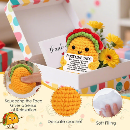 Soft crochet taco plush – safe, no-battery squeeze toy for playroom shelves and kids' bedroom decor