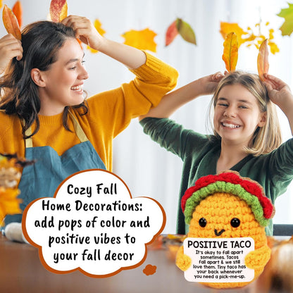 Soft crochet taco plush – safe, no-battery squeeze toy for playroom shelves and kids' bedroom decor
