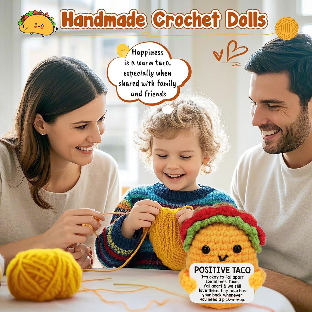 Soft crochet taco plush – safe, no-battery squeeze toy for playroom shelves and kids' bedroom decor