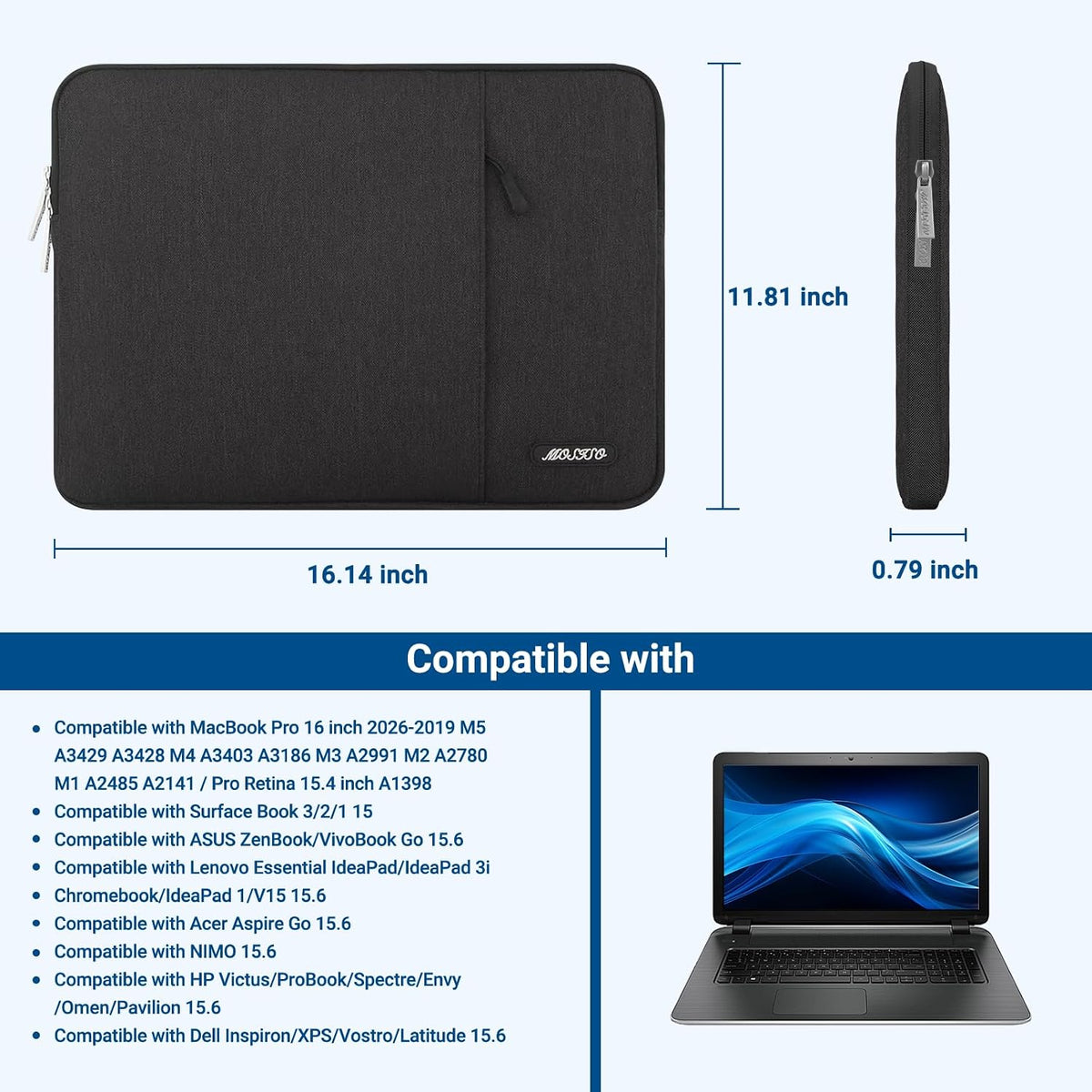 soft-shell construction offered in 12.3, 13, 13.3, 14, 15, 16, 17.3, 18.5, and 24 inch sizes