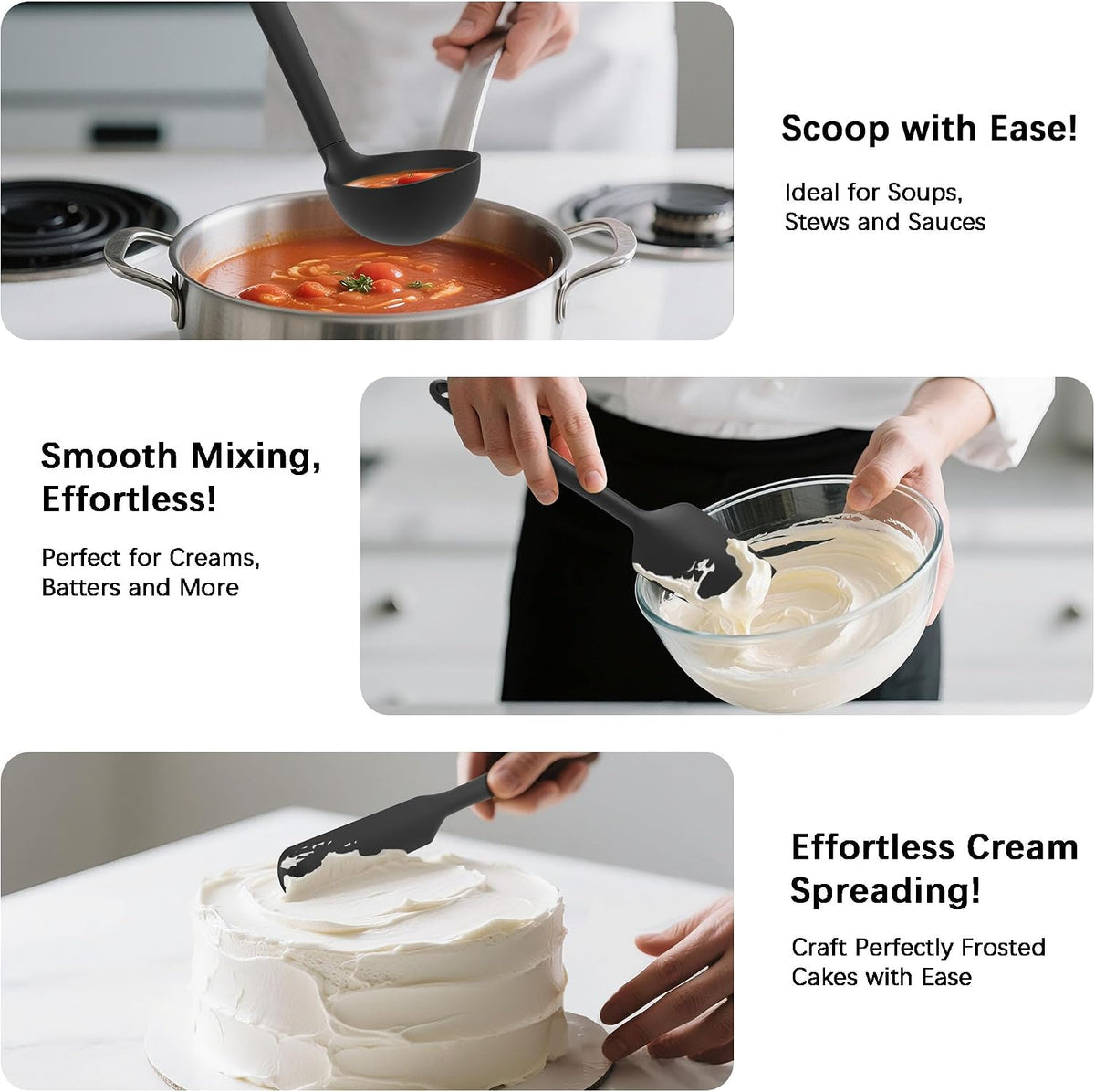 soft silicone heads safe for nonstick, ceramic, and coated cookware surfaces
