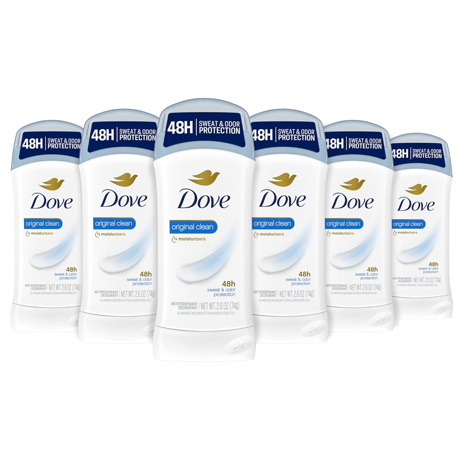 solid antiperspirant stick in 2.6 oz size offered in 2, 3, and 6-pack configurations