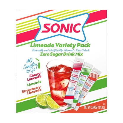 sonic drive-in licensed brand flavors in five varieties: strawberry lemonade, cherry limeade, ocean water, limeade, and a 40-count variety pack