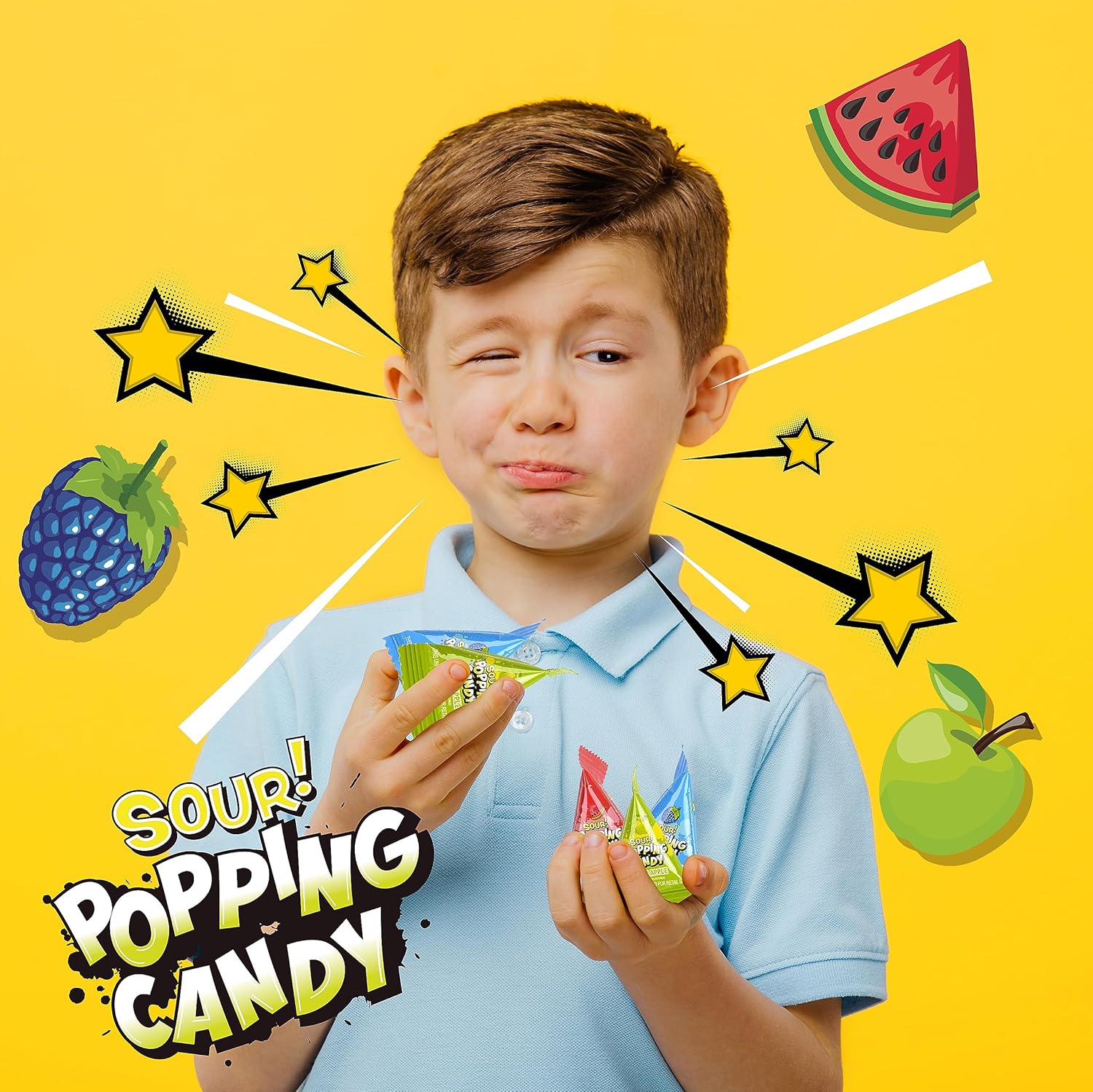 sour-coated popping candy with fizzing reaction in the mouth