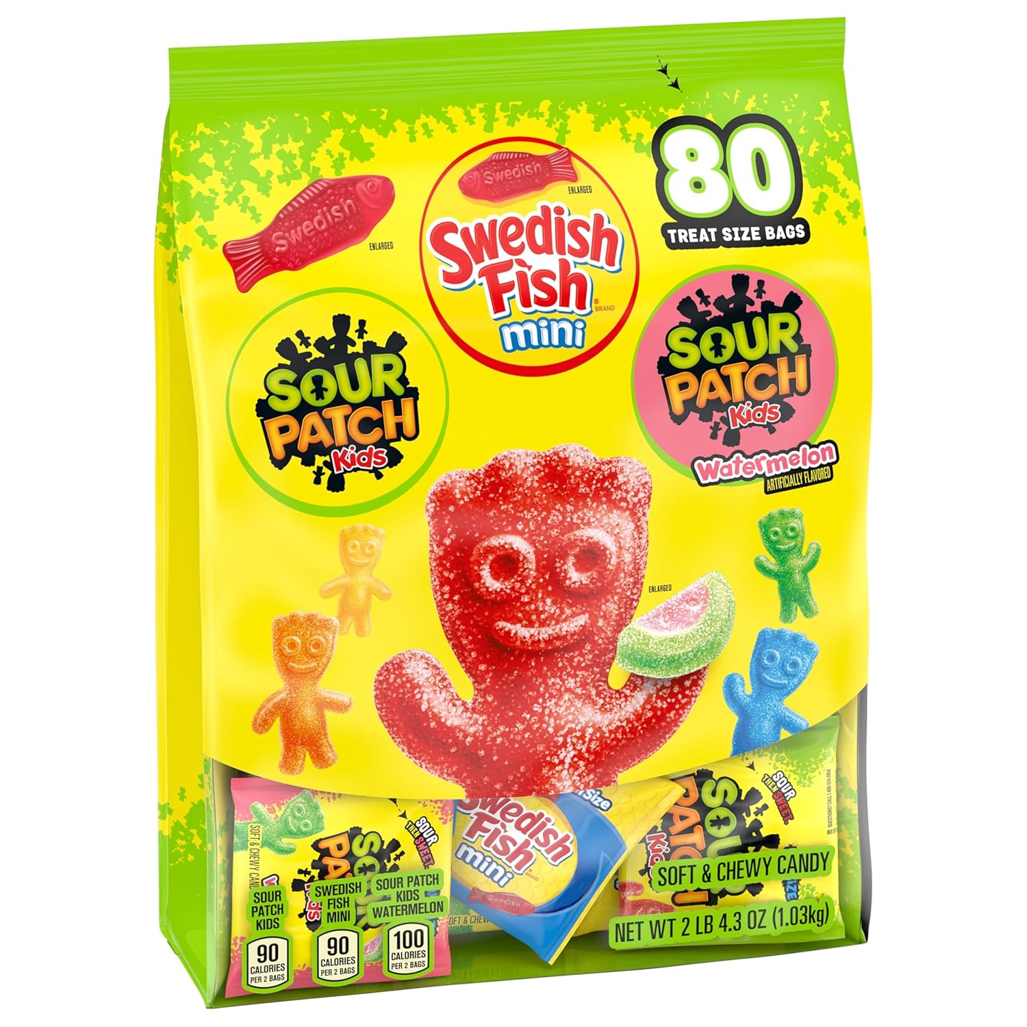 SOUR PATCH KIDS and SWEDISH FISH Mini Candy – Office Break Room and Reception Desk Shared Treats, 80 Individually Wrapped Packs